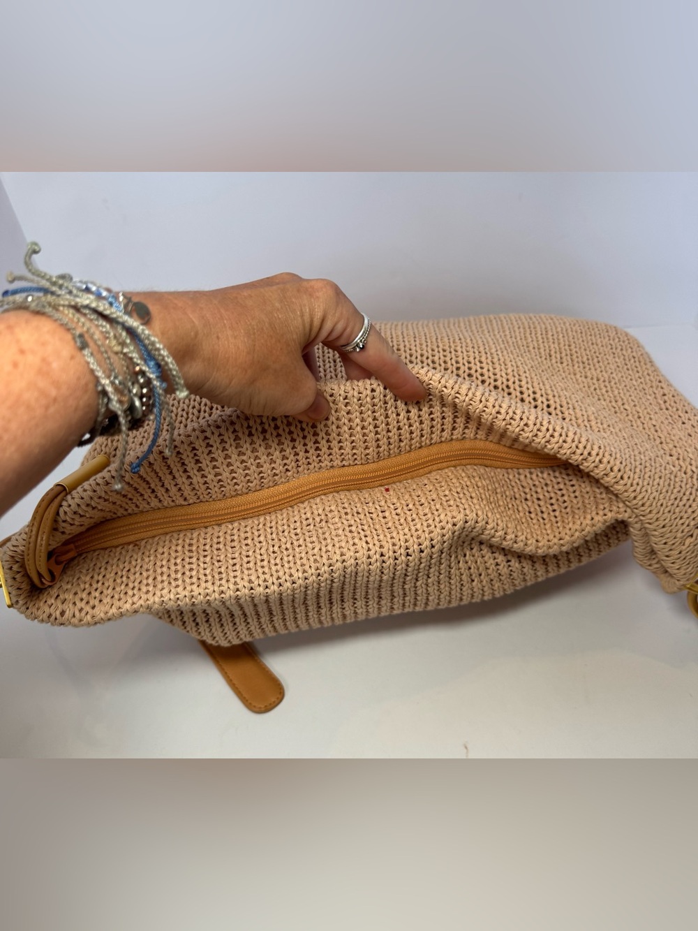 Americana by Sharif Boho Tan Woven Crochet Knit Slouchy Hobo Shoulder Bag - Picture 7 of 14